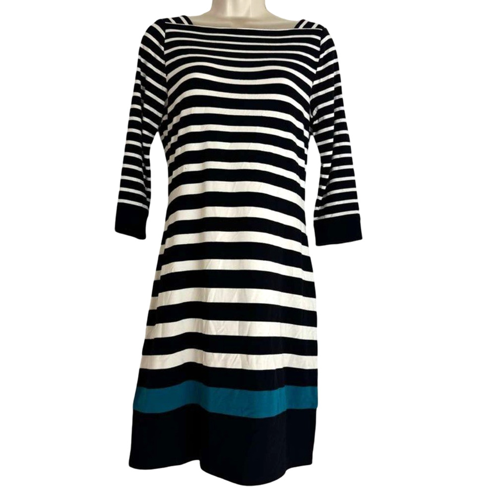 White House Black Market Womens Stripe Teal Jersey Knit Dress 3/4 Sleeve sz XS